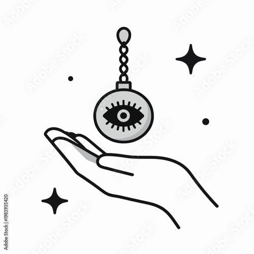 Mystical Hand Holding a Celestial Pendulum with Eye of Providence, Black and White Flat Vector Illustration of an Occult Ritual Tool, Minimalist Esoteric Graphic Isolated on White Background