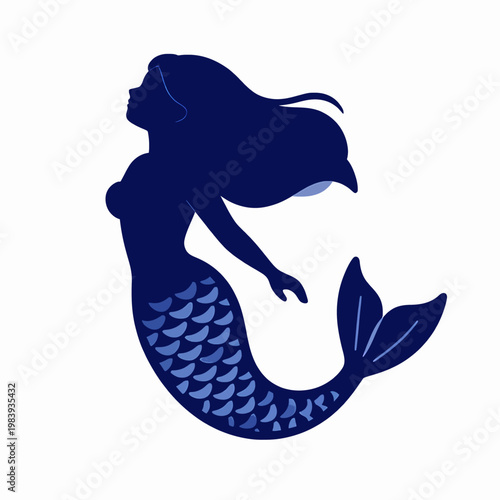 Beautiful adult female mermaid swimming alone in the ocean in a positive mood, elegant mythical creature with long hair and fish scales during the daytime, marine fantasy concept.