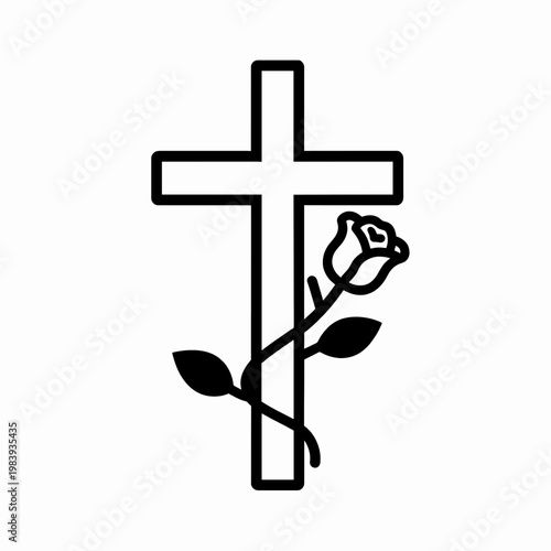 Minimalist flat vector illustration of a single Christian cross with a rose vine, religious symbol representing faith and grace, isolated on white background, spiritual concept art for Easter.