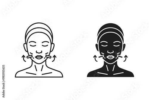 Woman's facial massage lines showing cheekbone lifting and anti-aging care, vector illustration