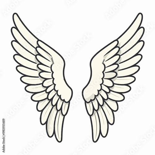Elegant flat vector illustration of a single pair of arched angel wings with detailed feathers, minimalist celestial spirit concept for tattoo or logo design, isolated on white background.