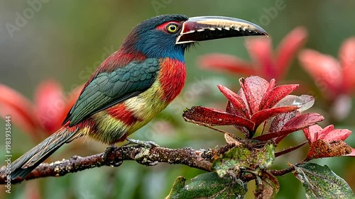 Exotic Toucanet Bird Perched on a Branch Amidst Lush Tropical Foliage.