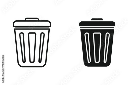 Two Trash Cans, Outline and Filled Black, Isolated on White Background, Vector Illustration
