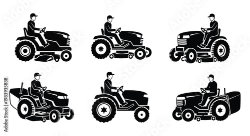 Various lawnmowers and riders depicted in a striking black silhouette