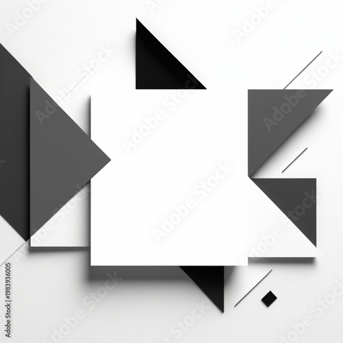 Abstract black and white geometric composition with central white square frame.