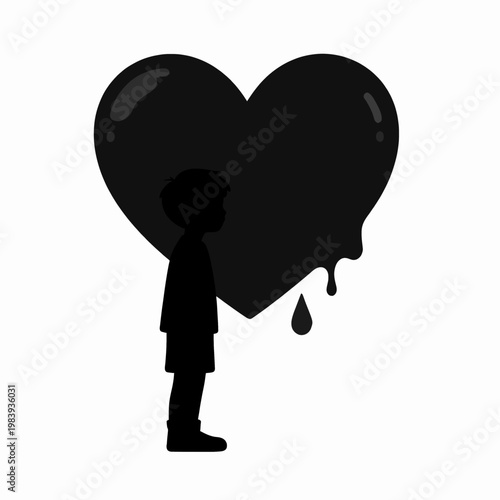 Melancholic Silhouette of a Young Caucasian Boy Leaning Against a Large Melting Heart, Concept of Heartbreak and Emotional Sorrow, Isolated on White Background, Minimalist Flat Vector Art Style