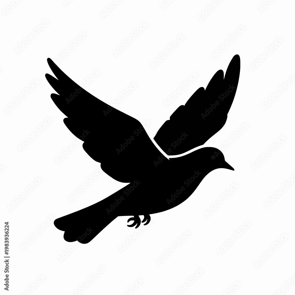 Obraz premium Minimalist Black Silhouette of a Single Flying Dove with Spread Wings, Elegant Flat Vector Illustration of a Bird Soaring, Peace and Freedom Concept Isolated on White Background for Graphic Design