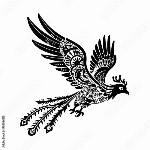 Intricate black and white phoenix bird illustration in flat vector style with ornate Zentangle patterns and mandala details, isolated on white background for creative design projects and concepts.