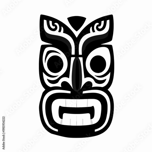 Indigenous Maori Tiki Totem Head, Traditional Polynesian Tribal Tattoo Style Vector Illustration, Cultural Heritage Symbol of a Guardian Figure in Bold Black and White, Minimalist Pacific Island Art