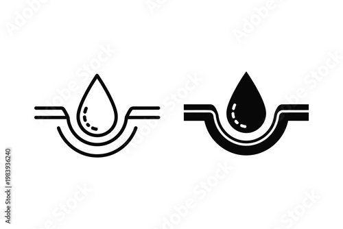 Skin moisture absorption icon set, water drop penetrating layers, vector illustration