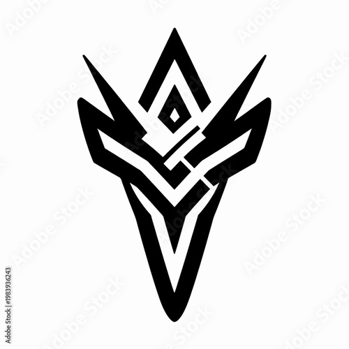 Single black flat vector tribal tattoo motif with shark tooth patterns and geometric symmetrical shapes, isolated on white background, Polynesian inspired cultural graphic for arm or shoulder.