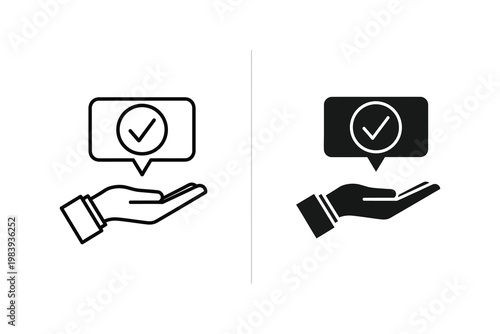 Hand Offering Checkmark in Speech Bubble, Approval and Success Concept, Flat Design Vector Illustration