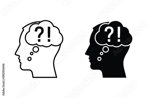 Question Mark and Exclamation Mark Inside Thought Bubble in Human Head Silhouette Vector Illustration