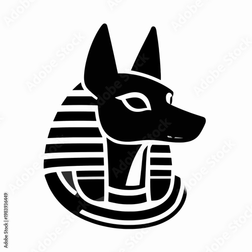 Flat vector illustration of a single Egyptian god Anubis head, minimalist line art of ancient mythology deity, black and white symmetrical canine icon isolated on white background for history concept