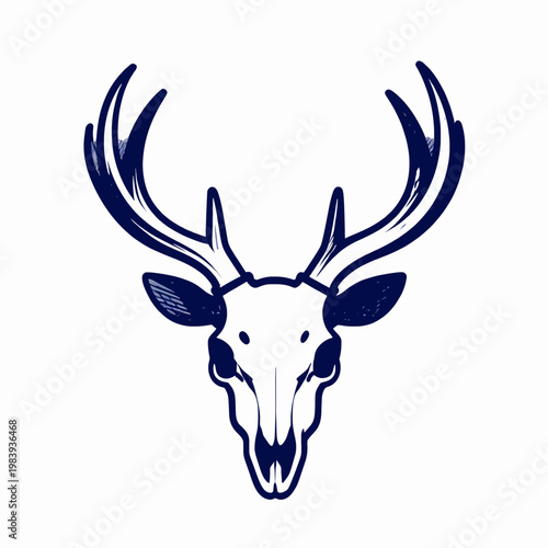 Minimalist Flat Vector Illustration of a Single White-tail Deer Skull with Large Antlers, Hand-Drawn Hunter Trophy Graphic Isolated on White Background for Outdoors and Wildlife Design Concepts