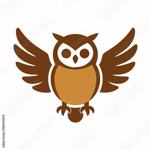 Minimalist flat vector illustration of a single stylized owl with spread wings, wise nocturnal bird mascot icon in earthy brown tones, isolated on white background for nature and wisdom concepts