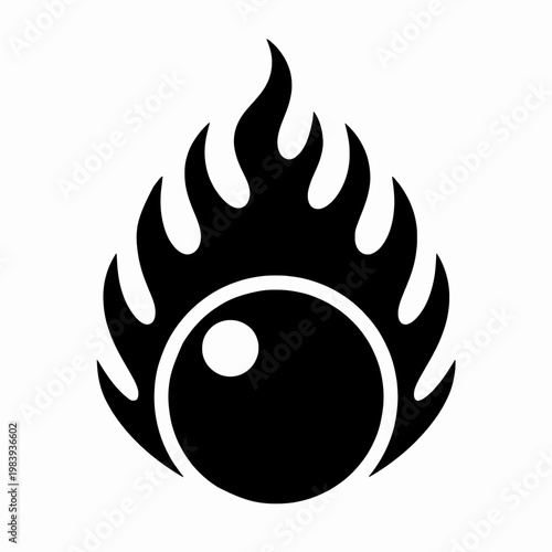 Minimalist black eight ball with tribal flames vector illustration, single pool billiards graphic for sports and gaming concepts, bold black silhouette isolated on white background