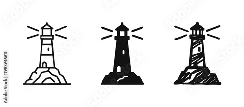 Lighthouse on rocks icon set in outline, solid and hand-drawn sketch styles