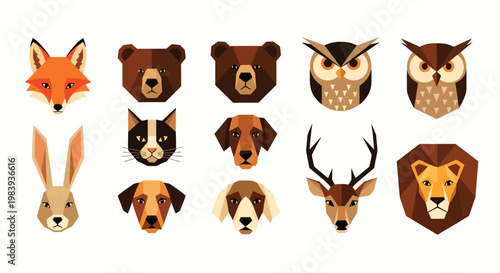 A modern flat collection of various animal faces in vector format for design