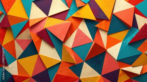 Geometric mosaic artwork with vibrant overlapping shapes and colors