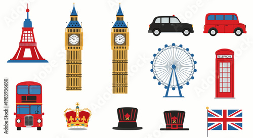 Flat illustration of London symbols on white background including landmarks and icons.