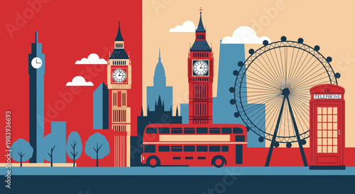 Vibrant illustration of London cityscape with iconic landmarks and modern architecture in a stylized artwork.