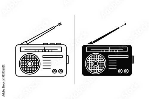 Vintage portable radio outline and silhouette vector illustration, retro audio device with antenna