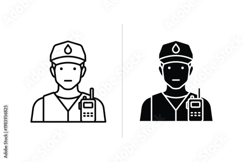 Security guard in uniform with cap and radio communication device, flat design vector illustration