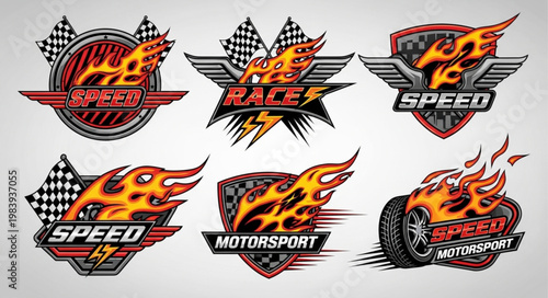 Set of Six Motorsport Racing Emblems with Flames and Flags.