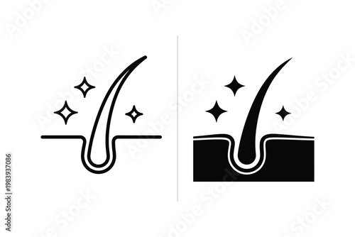Healthy Hair Growth Icon Comparison, Clean Shiny Strand and Root, Vector Illustration