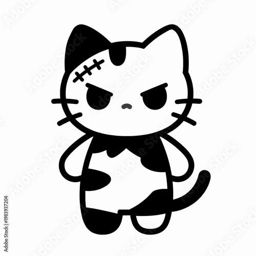 Flat vector illustration of a single gothic ragdoll cat character with stitched patchwork details and cross eyes, spooky minimalist plush toy design for Halloween or alternative subculture concept.