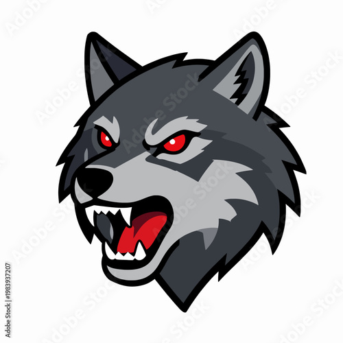 Aggressive snarling grey wolf head vector illustration, fierce animal portrait with red eyes and sharp teeth, mascot for sports team or tattoo studio design, wild canine predator concept.