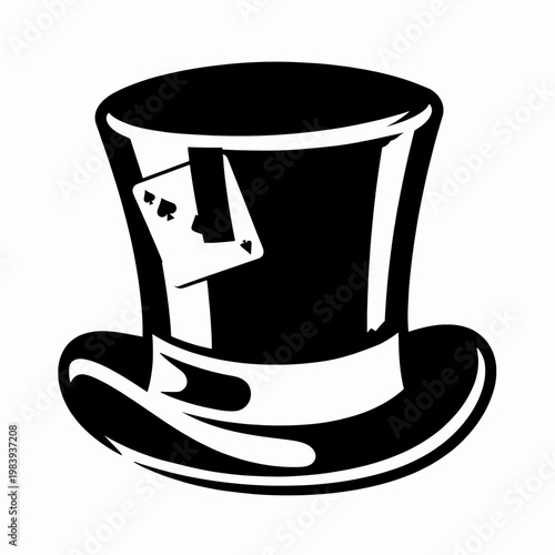 Vintage black top hat with an ace of spades playing card, classic magician headwear and gambler accessory, flat vector illustration on white background, stylish gentleman fashion concept