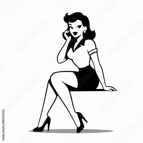 Retro white woman in vintage pin-up style laughing and sitting, mid-century classic aesthetic, joyful adult female in 1950s fashion, isolated on white background, playful mood and retro concept