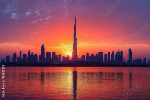 Dramatic sunrise over a modern city skyline with a soaring central spire reflected on calm water, vibrant orange and purple sky evoking awe and serenity