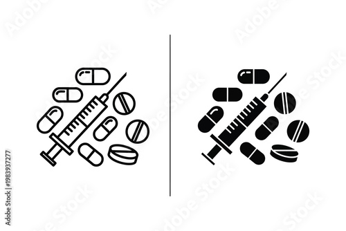 Medical syringe and pills flat design, healthcare and pharmaceutical vector illustration