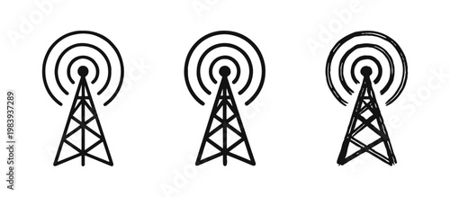 Radio antenna tower icon set with signals in outline, solid and sketch styles
