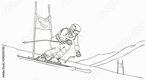 Dynamic line art illustration of a professional skier racing downhill through slalom gates on a snowy mountain slope, depicting speed and winter sports competition.
