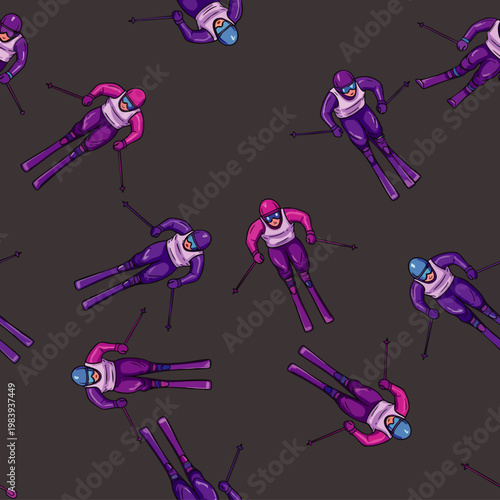 Seamless pattern of cartoon downhill skiers in vibrant purple and pink outfits on a dark background, ideal for winter sports themes.
