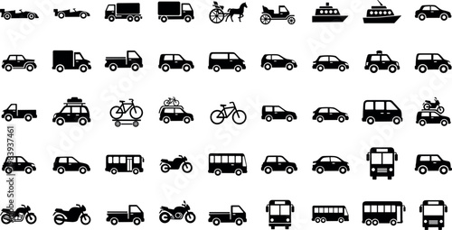 Black Icon Set of Various Vehicles, Including Cars, Trucks, Motorcycles, Bicycles, Boats, and More for Transport, Logistics, and Urban Mobility