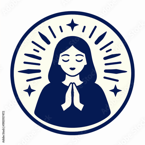 Flat vector illustration of a single spiritual young adult woman with a celestial hood and sunburst halo, meditative mood, minimalist religious icon style, navy and cream colors, symbolic of peace.