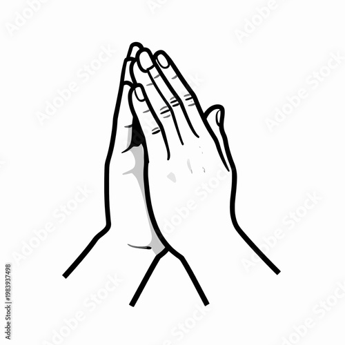 Minimalist Flat Vector Illustration of a Single Pair of Adult Hands Clasped in Prayer, Spiritual Concept of Faith and Hope, Clean Black Line Art Isolated on White Background, Religious Symbolism