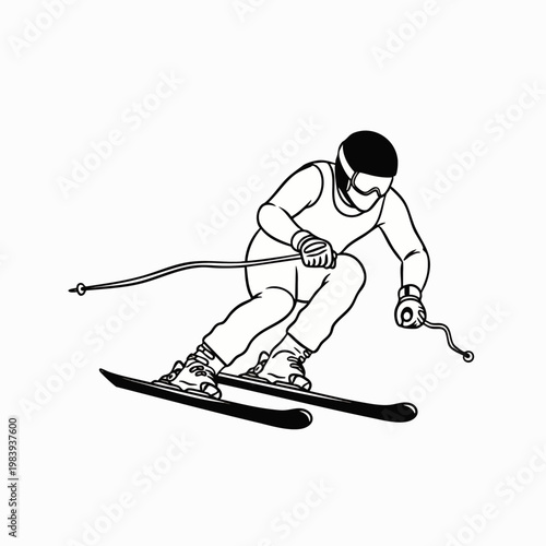 Dynamic black and white line art illustration of a skier in action, descending a slope, perfect for winter sports, recreation, and active lifestyle.
