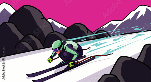Vibrant vector illustration of a professional skier descending a steep, snow-covered mountain, capturing the thrill of winter sports and alpine adventure.
