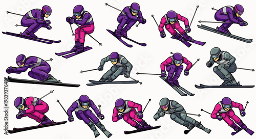 Dynamic collection of cartoon skiers in various action poses, showcasing diverse downhill skiing techniques and winter sports activity. Ideal for active lifestyle.