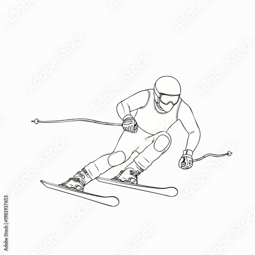 Dynamic line art illustration of an alpine skier in full gear, actively descending a snowy slope, capturing the speed and excitement of winter sports.