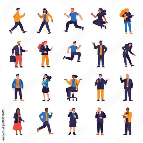 Business people in various poses running.