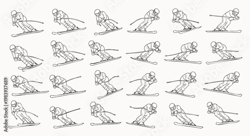 Dynamic sequence of a downhill skier in various action poses, illustrating the fluid motion and technique of winter sports, black and white line art vector illustration.