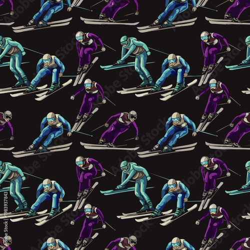 Seamless pattern of dynamic skiers in vibrant retro-style ski suits, ideal for winter sports backgrounds, fabric, and digital designs. Colorful skiing illustration.