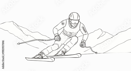 Dynamic black and white line art illustration of a professional downhill skier racing down a snowy mountain slope, capturing speed and winter sports action.